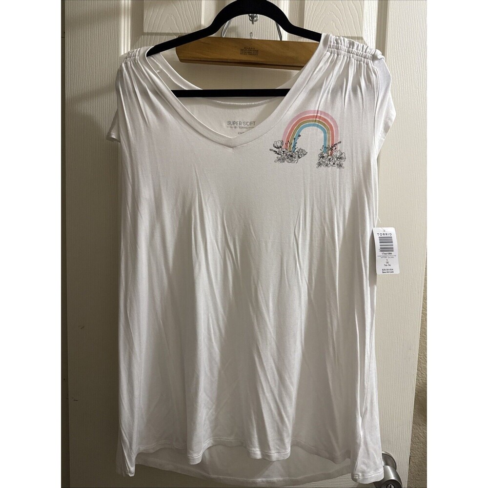 Torrid Super Soft Size 1 White Rainbow Flutter Sleeve Shirt